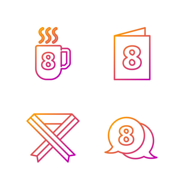设置线3月8日在演讲泡，乳腺癌意识丝带，咖啡杯与8月3日和贺卡。渐变颜色图标。向量图片下载