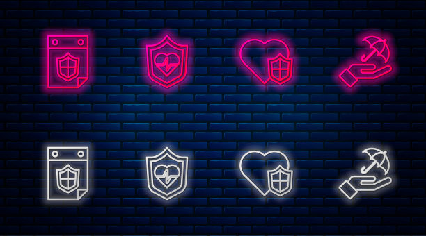 设置线人寿保险与盾牌，日历和伞手。砖墙上发光的霓虹灯图标。向量图片下载
