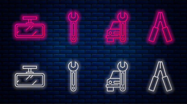 采购产品套线扳手，汽车服务，汽车后视镜和汽车电池跳线电源线。砖墙上发光的霓虹灯图标。向量图片下载