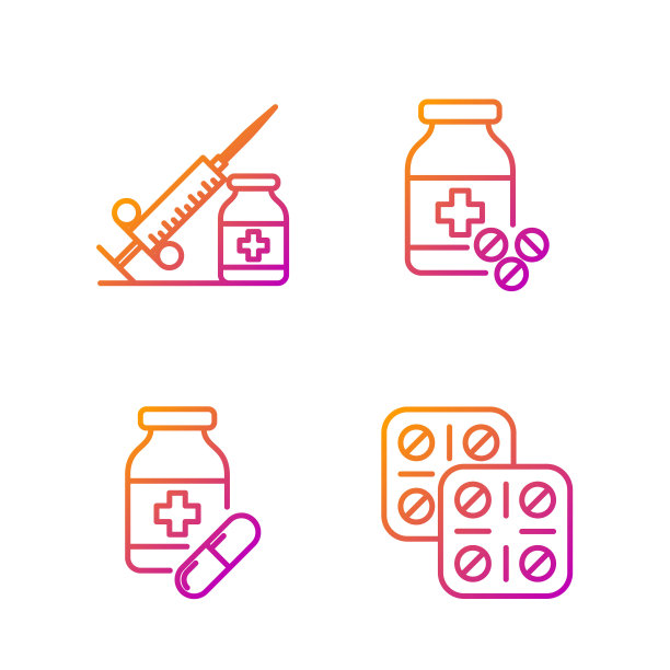 设线药丸泡罩包装，药瓶和药丸，医疗注射器与针头和小瓶或安瓿和药瓶和药丸。渐变颜色图标。向量图片下载
