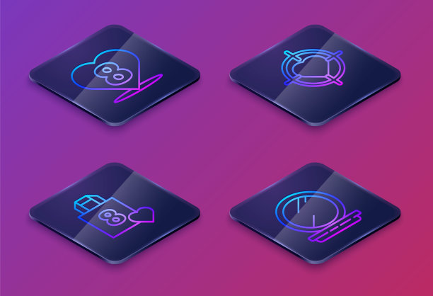 设定等距线心形为8三月，购物袋心形，心形在目标瞄准中心，化妆粉带镜。蓝色方形按钮。向量图片下载