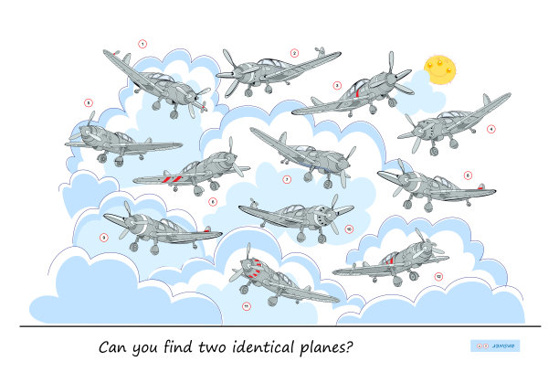 逻辑益智游戏为儿童和成人。你能找到两个相同的平面吗?儿童脑筋急转弯书页。注意力任务。智商测试。玩在线。水下生活。矢量卡通图像。图片下载