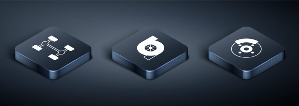 设置等距底盘汽车，汽车制动盘与卡钳和汽车涡轮增压器图标。向量图片下载