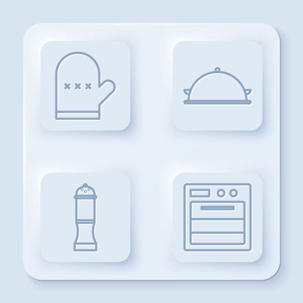 烤箱手套，上面放着一盘食物，胡椒和烤箱。白色方形按钮。向量图片下载