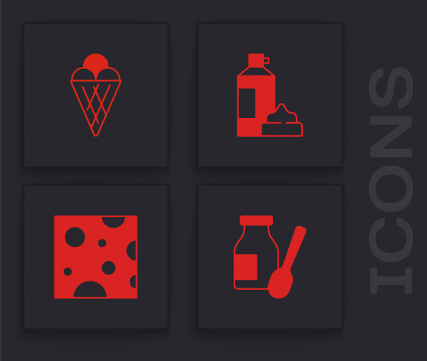 设置瓶中饮用酸奶，冰淇淋华夫蛋筒，搅打和奶酪图标。向量图片下载