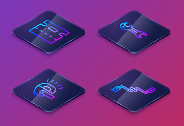 设置等距线自行车道，头灯，扳手和踏板。蓝色方形按钮。向量图片下载