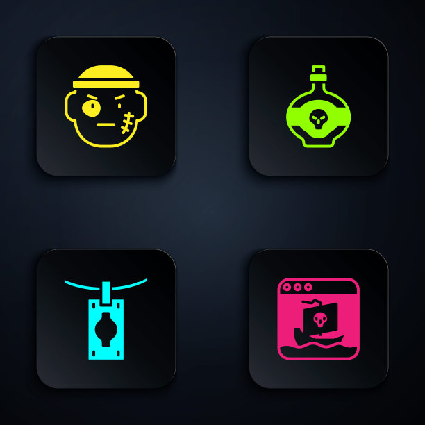 设置网络盗版，土匪，洗钱和毒瓶。黑色方形按钮。向量图片下载