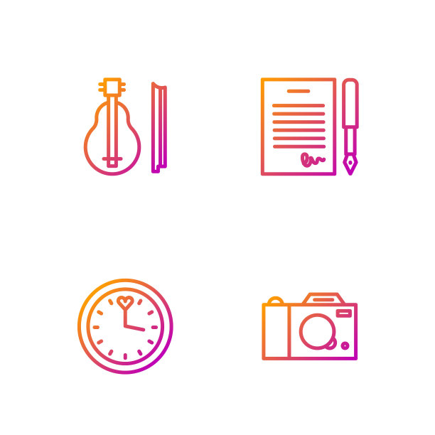 集摄影相机，时钟，小提琴和婚姻合同。渐变颜色图标。向量图片下载