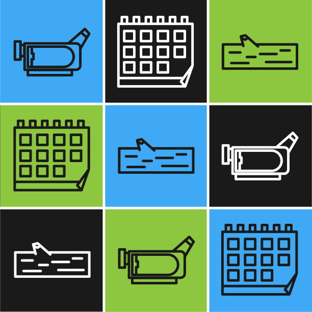 集线电影摄像机，木制日志和日历图标。向量图片下载