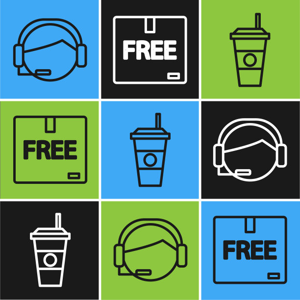 设置线支持操作员在触摸，咖啡杯和纸箱与免费符号图标。向量图片下载