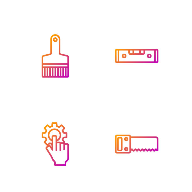 设置线手锯，设置在手，油漆刷和施工气泡水平。渐变颜色图标。向量图片下载