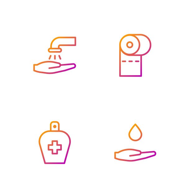 用肥皂洗手，一瓶抗菌液，一卷卫生纸。渐变颜色图标。向量图片下载