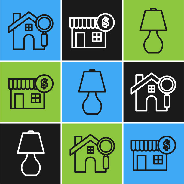 设置线搜索房子，台灯和房子与美元符号图标。向量图片下载