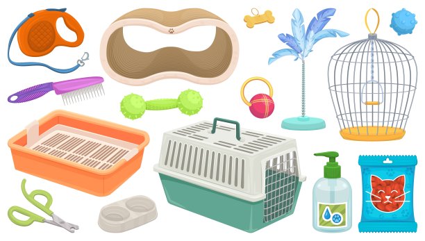 宠物用品。兽医购物产品，宠物配件项目套件为狗和猫家养动物治疗，玩具小狗球食品洗发水皮带卡通体面的矢量插图图片下载