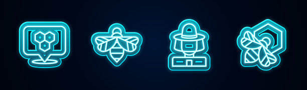 设置蜂房位置，蜜蜂，养蜂人与保护帽和蜂房。发光的霓虹灯图标。向量图片下载