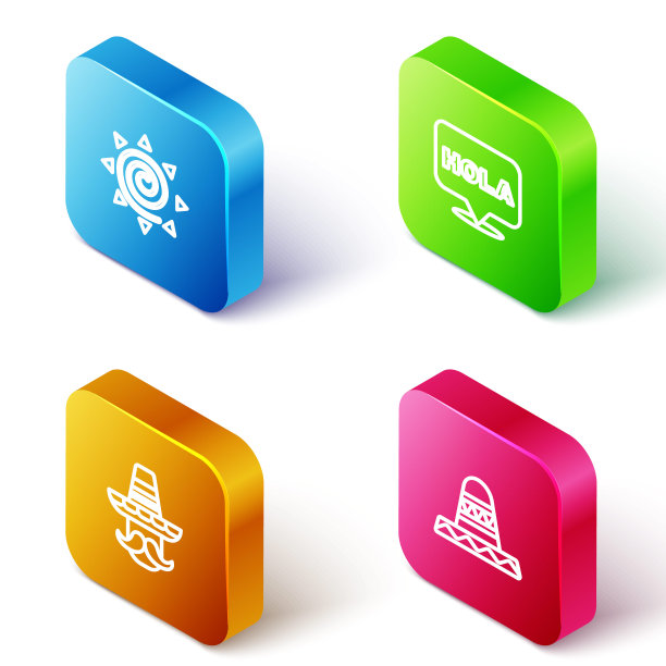 设定等距线太阳，霍拉，墨西哥人宽边帽和图标。向量图片下载