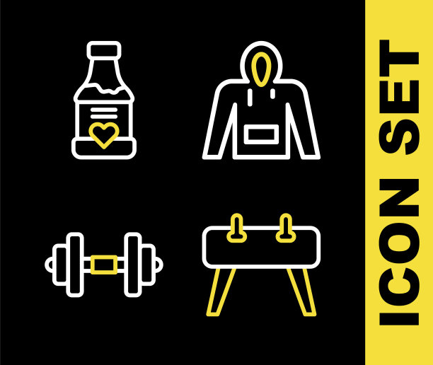 套线卫衣，鞍马，哑铃和维生素图标。向量图片下载
