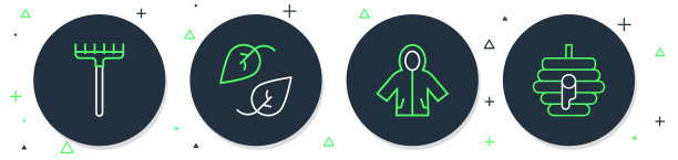 设置线叶子，雨衣，花园耙和蜂巢蜜蜂图标。向量图片下载