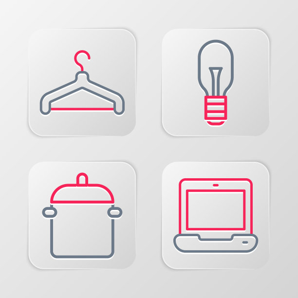 设置线笔记本电脑，烹饪锅，灯泡和衣架衣柜图标。向量图片下载