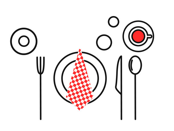 餐具套刀、勺、叉、盘。表设置。修长的黑色轮廓。向量图片下载
