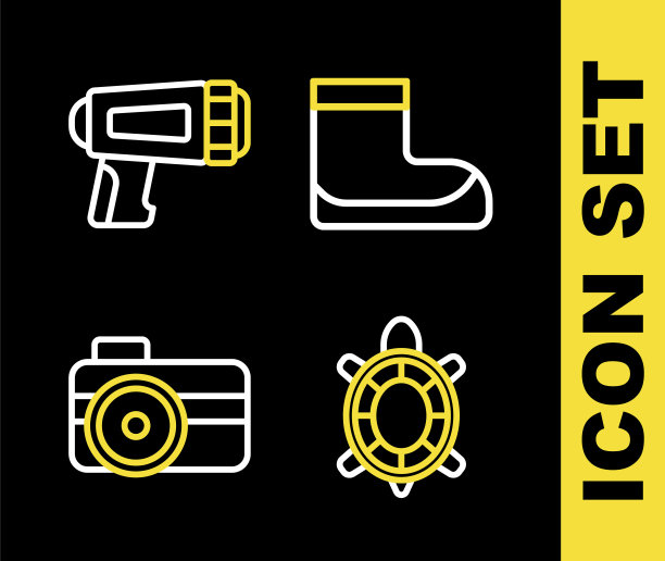 设置线靴子，海龟，照片相机的潜水员和手电筒图标。向量图片下载
