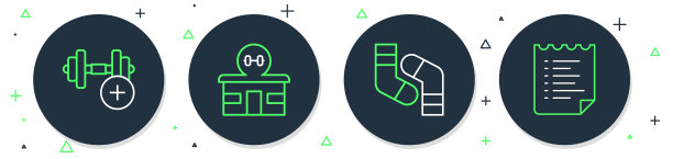 设置线健身房建设，袜子，哑铃和运动训练计划的图标。向量图片下载