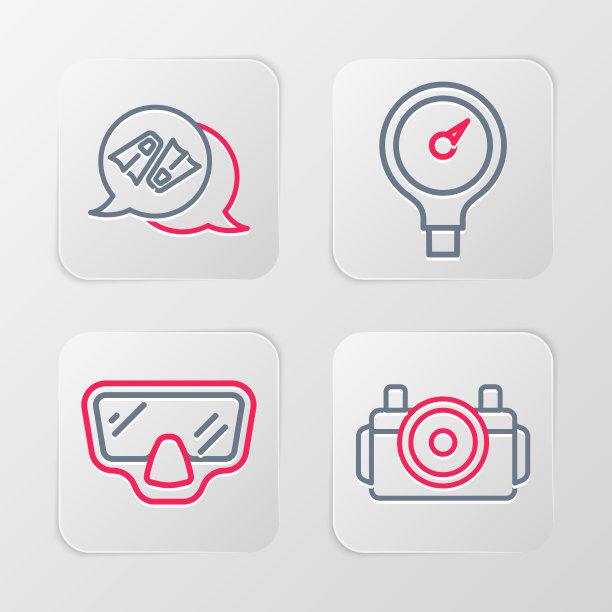 设置线照片相机潜水员，潜水面具，测量规模和鳍游泳图标。向量图片下载