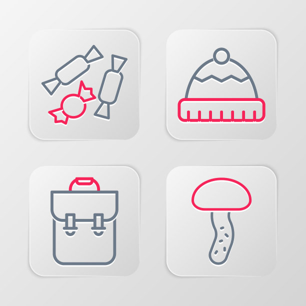 设置线蘑菇，学校背包，冬季帽子和糖果图标。向量图片下载