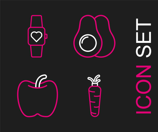 设置线胡萝卜，苹果，鳄梨水果和智能手表图标。向量图片下载