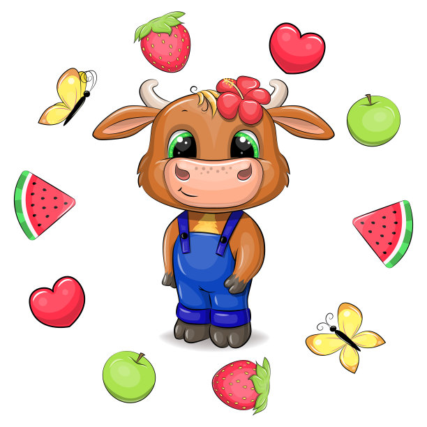 可爱的卡通公牛在一个水果框蓝色连体衣。图片下载