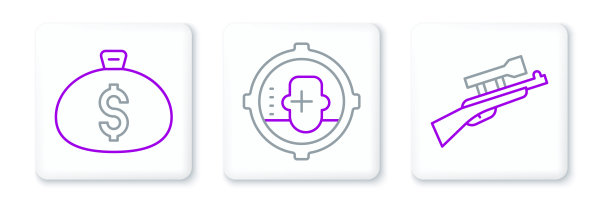 设置线狙击步枪与瞄准镜，钱袋和爆头图标。向量图片下载