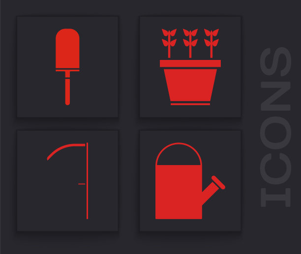 设置浇水罐，花园铲或铲子，盆栽植物和镰刀图标。向量图片下载