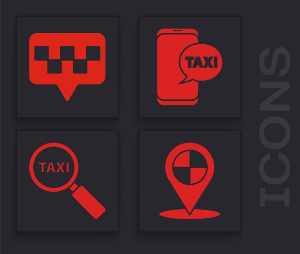 设置地图指针与出租车，地图指针与出租车，出租车呼叫电话服务和放大镜和出租车图标。向量图片下载