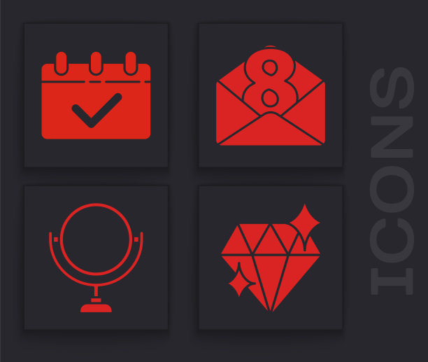 集钻石，日历与3月8日，信封与3月8日和圆形化妆镜图标。向量图片下载