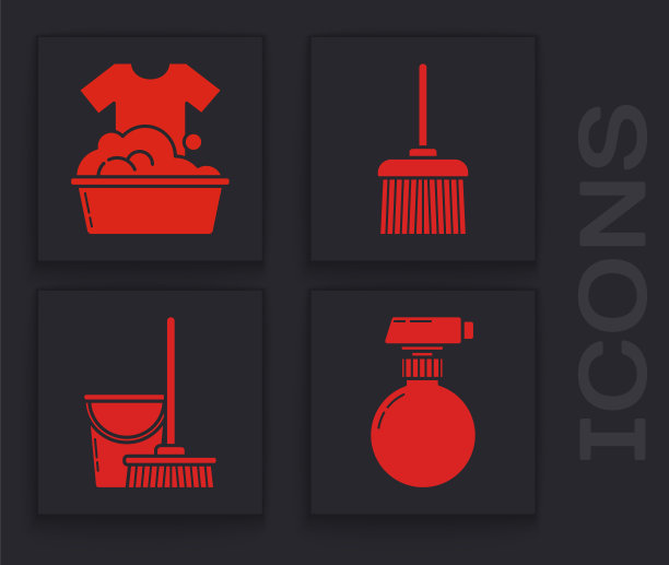 设置清洁喷雾瓶与洗洁精，塑料盆与肥皂泡沫，处理扫帚和拖把和桶图标。向量图片下载