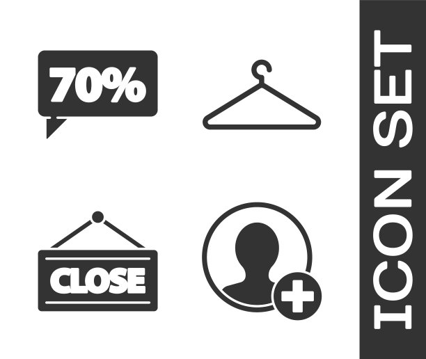 设置创建帐户屏幕，七折标签，挂标志与关闭和衣架衣柜图标。向量图片下载
