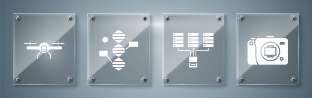 设置无反光镜相机，服务器，数据，网络托管，DNA符号和无人机飞行。方形玻璃板。向量图片下载