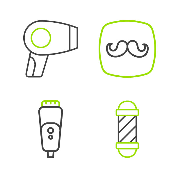 设定线经典理发店杆子，电动剃须刀片，理发店和吹风机图标。向量图片下载