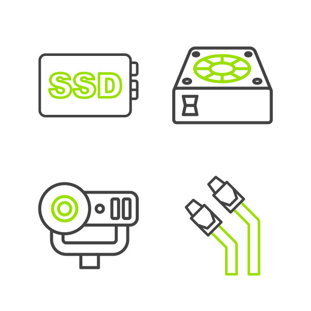 设置线路局域网电缆网络互联网，网络摄像头，电脑冷却器和SSD卡图标。向量图片下载