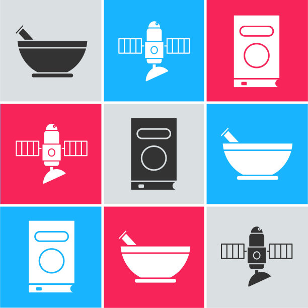 设置臼和杵，卫星和书籍图标。向量图片下载