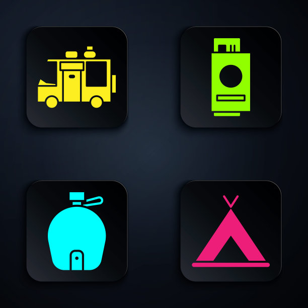 旅游帐篷、房车露营车、水壶、护照及门票。黑色方形按钮。向量图片下载