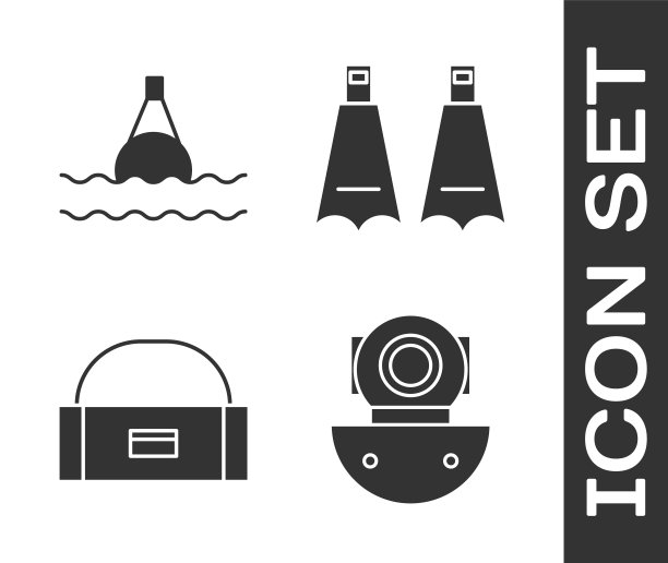 设置潜水器，漂浮在海上的浮标，箱子或盒子容器的摆动和橡胶鳍的游泳图标。向量图片下载