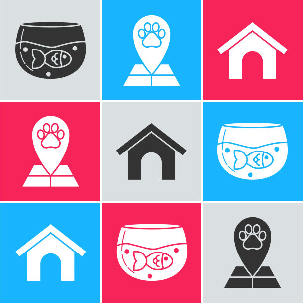 集水族馆与鱼，地图指针与兽医医院和狗屋图标。向量图片下载