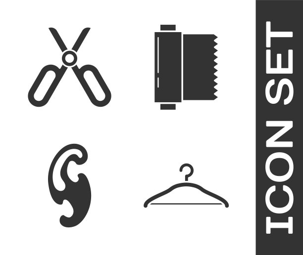 集衣架衣柜，剪刀，法国曲线和纺织面料卷图标。向量图片下载