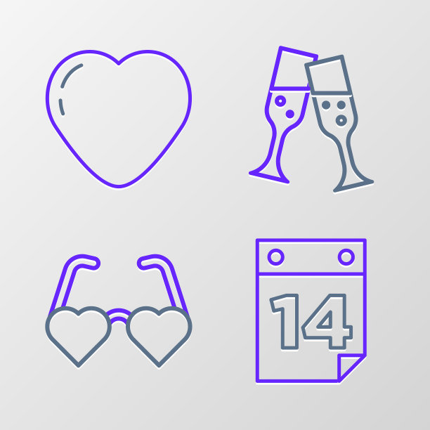 2月14日挂历，爱心杯，香槟杯和图标。向量图片下载