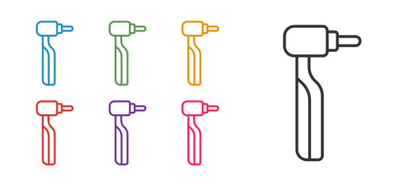 设置线齿钻图标隔离在白色背景。用于钻孔和研磨工具的牙科机头。设置图标彩色。向量图片下载