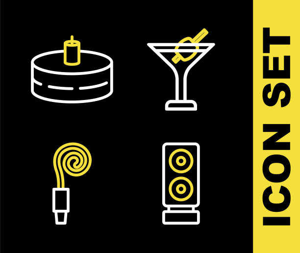 马提尼杯、立体声扬声器、生日聚会喇叭和带燃烧蜡烛的蛋糕图标矢量集图片下载