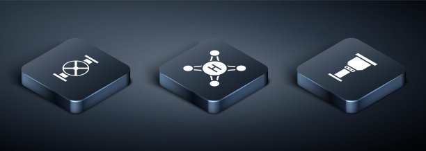 设置等距工业管道和阀门，管道适配器和水龙头图标。向量图片下载