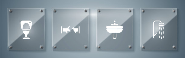 集淋浴，洗脸盆，破水管和马桶。方形玻璃板。向量图片下载