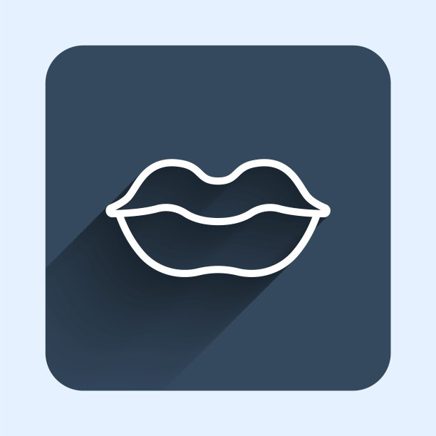 白线微笑的嘴唇图标孤立的长阴影背景。微笑的象征。蓝色方形按钮。向量图片下载